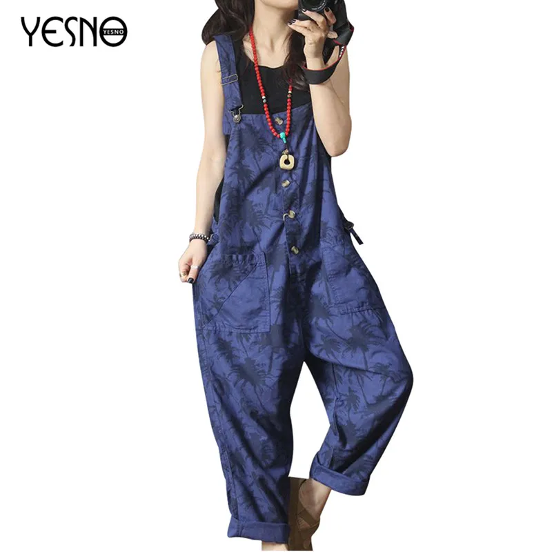 

YESNO PM3 Women Casual Loose Button up Cropped Jeans Floral Adjustable Strap Overalls Summer Jumpsuit plus size ropa mujer