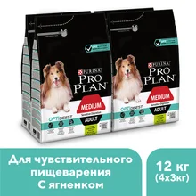 Сухой корм Pro Plan для взрослых собак средних пород с чувствительным пищеварением с комплексом OPTIDIGEST® с ягненком и рисом, 12 кг
