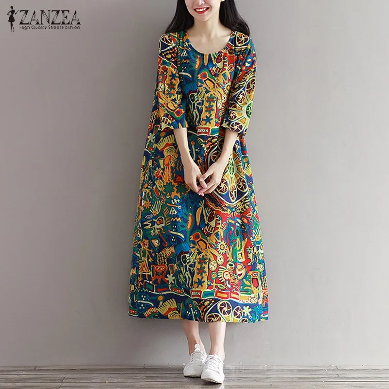 2017 ZANZEA Women Oversized Floral Printed Casual Loose Kaftan Retro Female 3/4 Sleeve Party Long Shirt Maxi Dress Vestido Tops long-floral-maxi : image 2017 ZANZEA Women Oversized Floral Printed Casual Loose Kaftan Retro Female 3/4 Sleeve Party Long Shirt Maxi Dress Vestido Tops long-floral-maxi