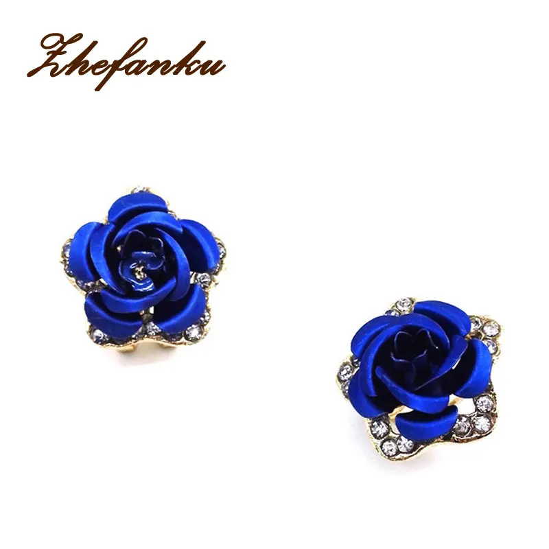 

Stylish And Elegant Red Blue Flower Earrings Romantic Rose Stud Earrings Rhinestone Metal Jewelry For Women