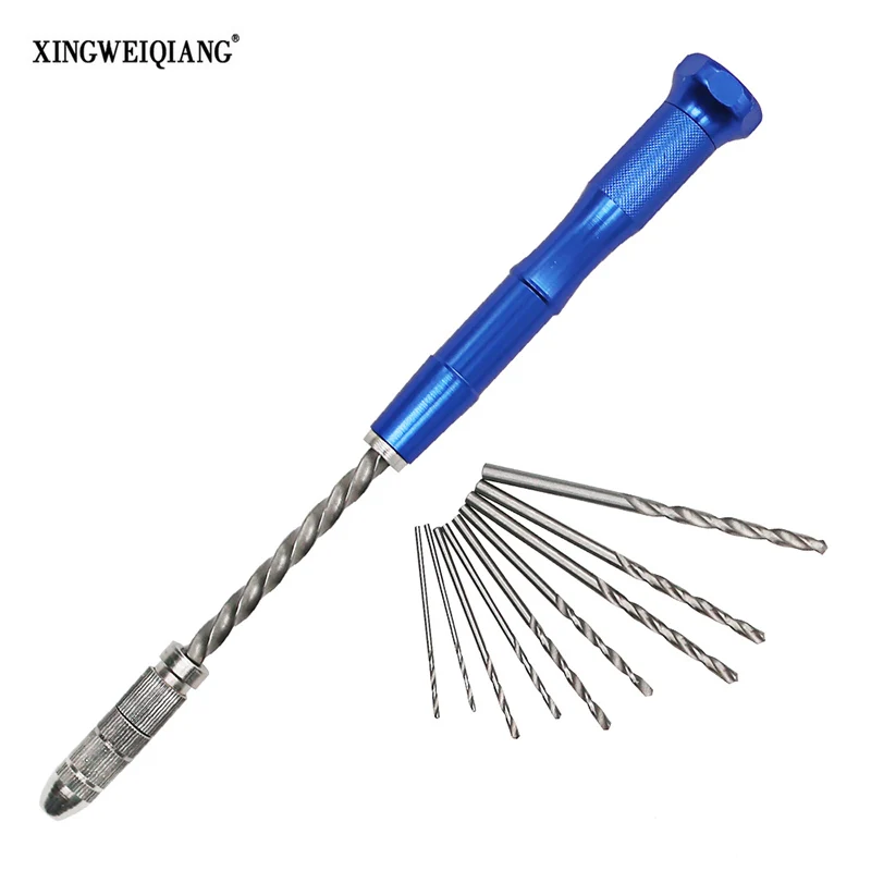 

0.3-3.2mm Blue Mini Manual Aluminum Hand Drill Chuck Twsit Micro Drill Bit Tool + 10PCS Twist Drill Bits