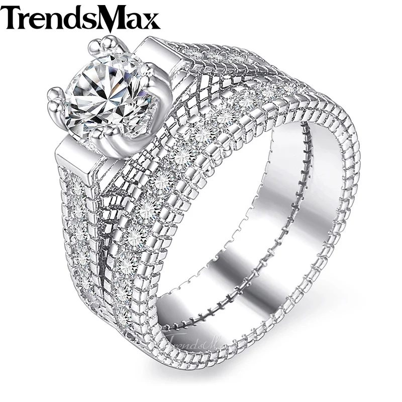 

Micro Paved CZ Cubic Zirconia Rings for Womens Set of 2 White Gold Filled Wedding Band Round Clear Solitaire Size 6-9 KGR26
