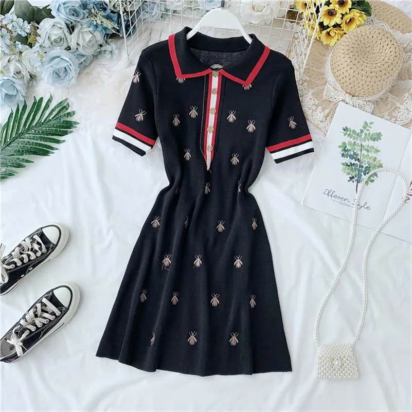 NiceMix Summer Dress Elegant Casual Women Embroidery bee Turn-down Collar shirt dresses Buttons Knitting Mini Office Lady Dress - Цвет: Черный