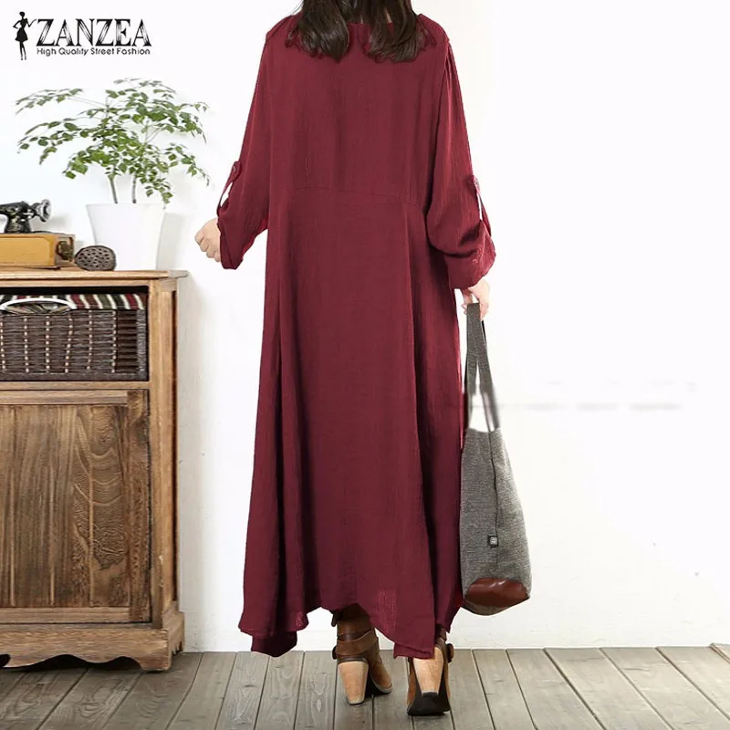 ZANZEA Women Dress 2018 Autumn Vintage Retro Maxi Long Dress Casual Loose O Neck Long Sleeve Oversized Plus Size Vestidos