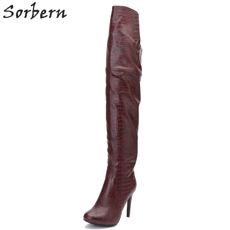 

Sorbern Fashion Knee Length Women Boots 2018 Botines Mujer Round Toe Red Wine Spike Heels Boots Sanke Pu Fabric Boot