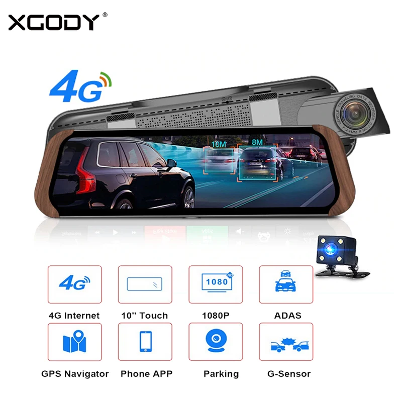 XGODY 10\ 4G Android Car DVR GPS Navigation ADAS Dual Lens 1080P Dash Camera Rear View Mirror Video Recorder Bluetooth Free Map