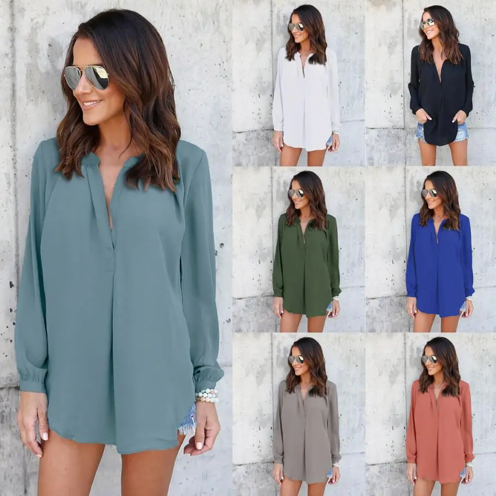 المرأة قمصان 2018 جديد أزياء الخامس الرقبة مطوي فضفاض مخصص اللون الشيفون قميص المرأة المرأة VB1