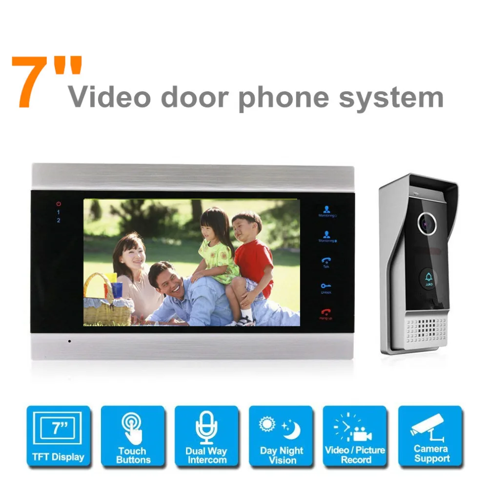 

7'' TFT LCD Wired Video Door Phone Video Intercom Speakerphone System w/ waterproof Infared 1200TVL door bell camera SD Card