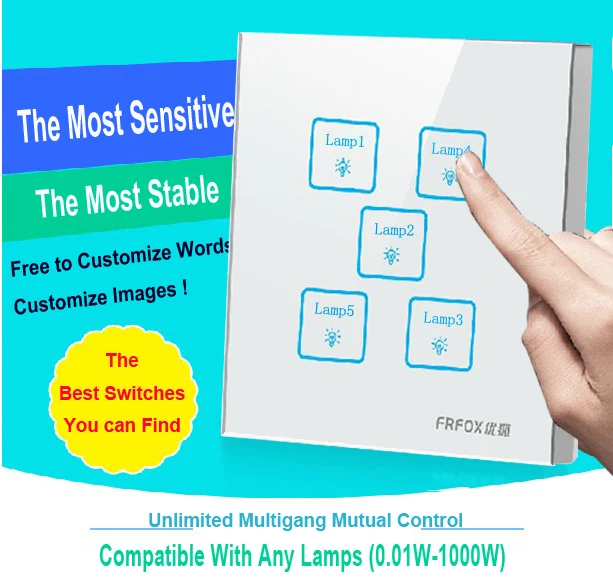 

High End 5 gangs 1 way Waterproof White DIY touch light wall switch,Free Customize LED Smart Touch Screen switch Free Shipping