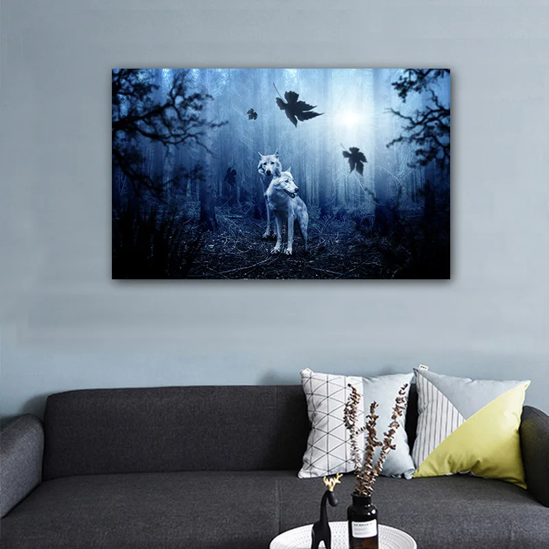 

Modern Abstract Wolf Wall Art Prints Foggy Forest Canvas Painting Large Living Room Bedroom Decor Panorama Wolves Picture