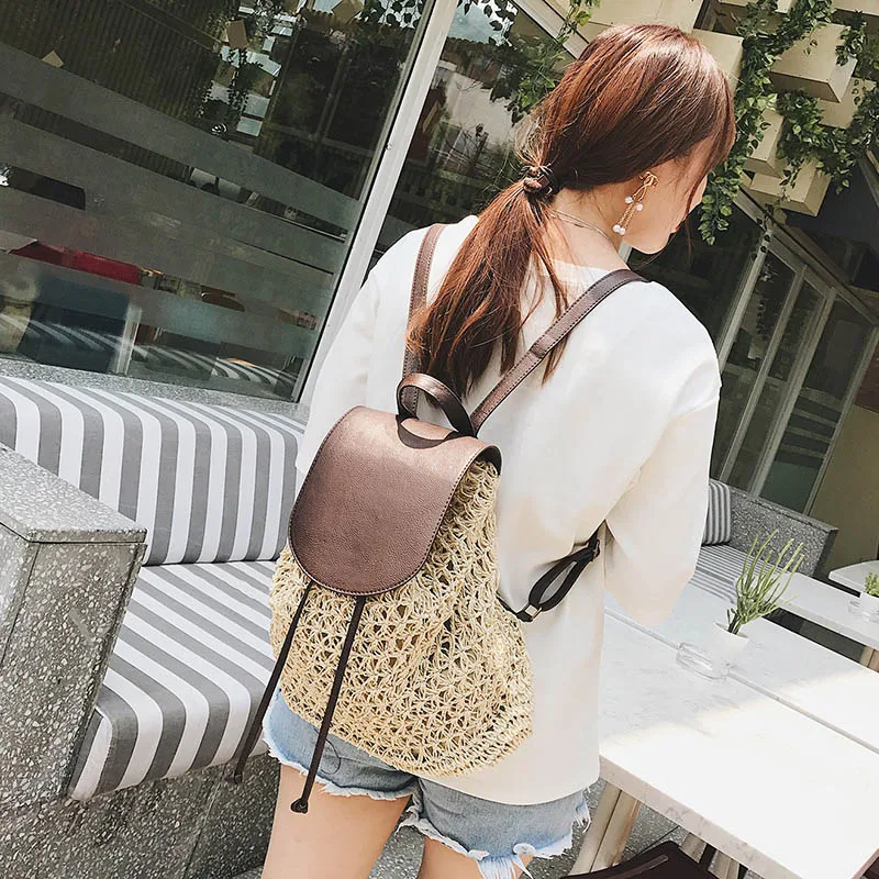 Women Backpack Drawstring Female Fashion Straw Bag Summer Beach INS Popular Lady Weave Back Pack Bag Large Travel Mochila BP3002 (15)