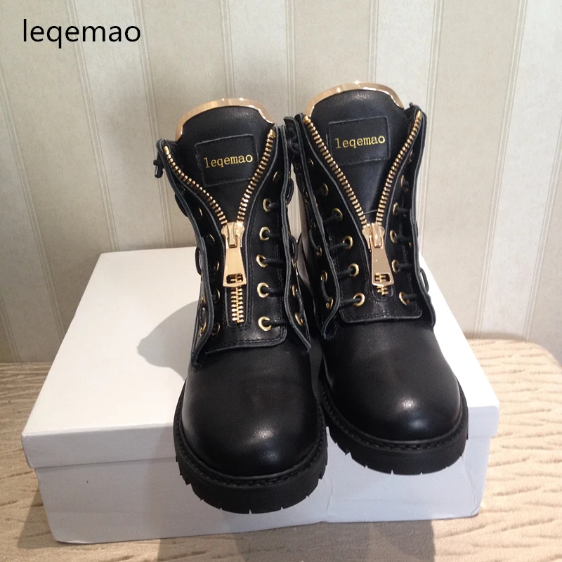 Fashion Cool Women Metal Zipper Ankle Boots High-top Full Grain Cow Genuine Leather Round Toe Rubber Flat Motorcycle Shoes