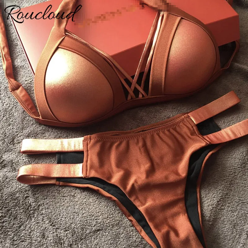 

2018 New Gold Bikini Swimwear Women Sexy Bandage Swimsuit Biquini Push Up Bikinis Female Brazilian Bikini Set Beach Bathing Suit
