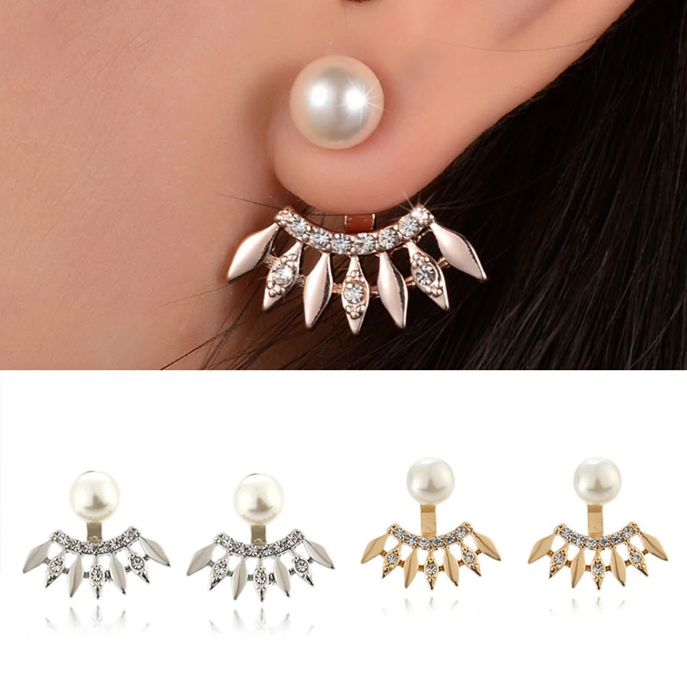 

Women Earrings Party Jewelry Faux Pearl Rhinestone Sweet Ear Jacket Studs Gift