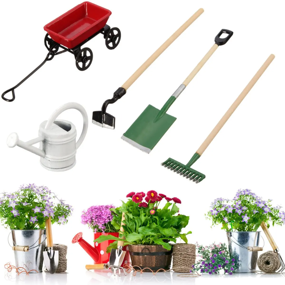 

DIY Miniatura Metal Watering Can Pulling Cart Spade Rake Garden Tools For Children Dolls House Miniatures Accessories Set