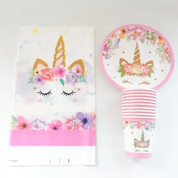 

41PCS Flower Unicorn Theme Happy Birthday Party Paper Plates Decorate Cups Tablecloth Baby Shower Girls Favors Tableware Set