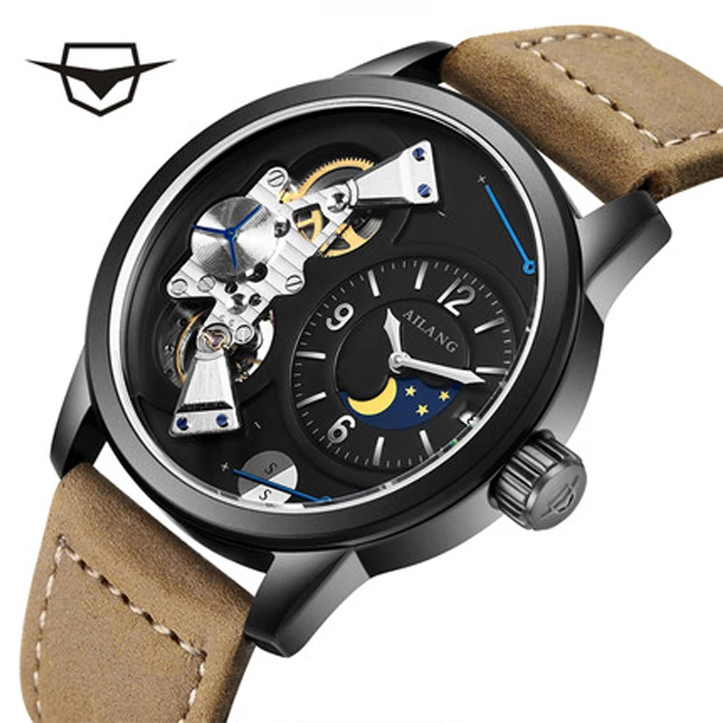 

AILANG Luxury Brand Mechanical Watches Unisex Skeleton of Sun Moon Phase Taichi Pattern Strap black Genuine Leather.
