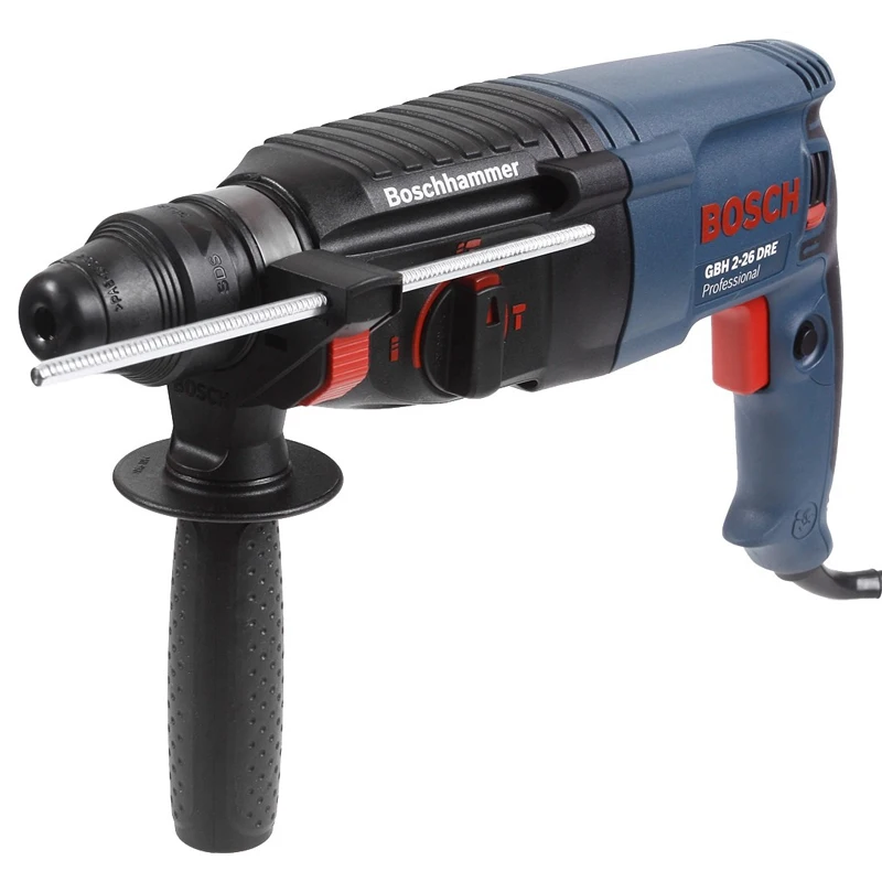 Перфоратор электрический Bosch GBH 2-26DRE (Мощность 800 Вт, сила удара 2,7 Дж, Патрон SDS+,900 об/мин, 4000 уд/мин, максимальный диаметр сверления по дереву 30 мм, металлу 13 мм, бетону 26 мм, коронкой 68 мм, 3 режима работы)