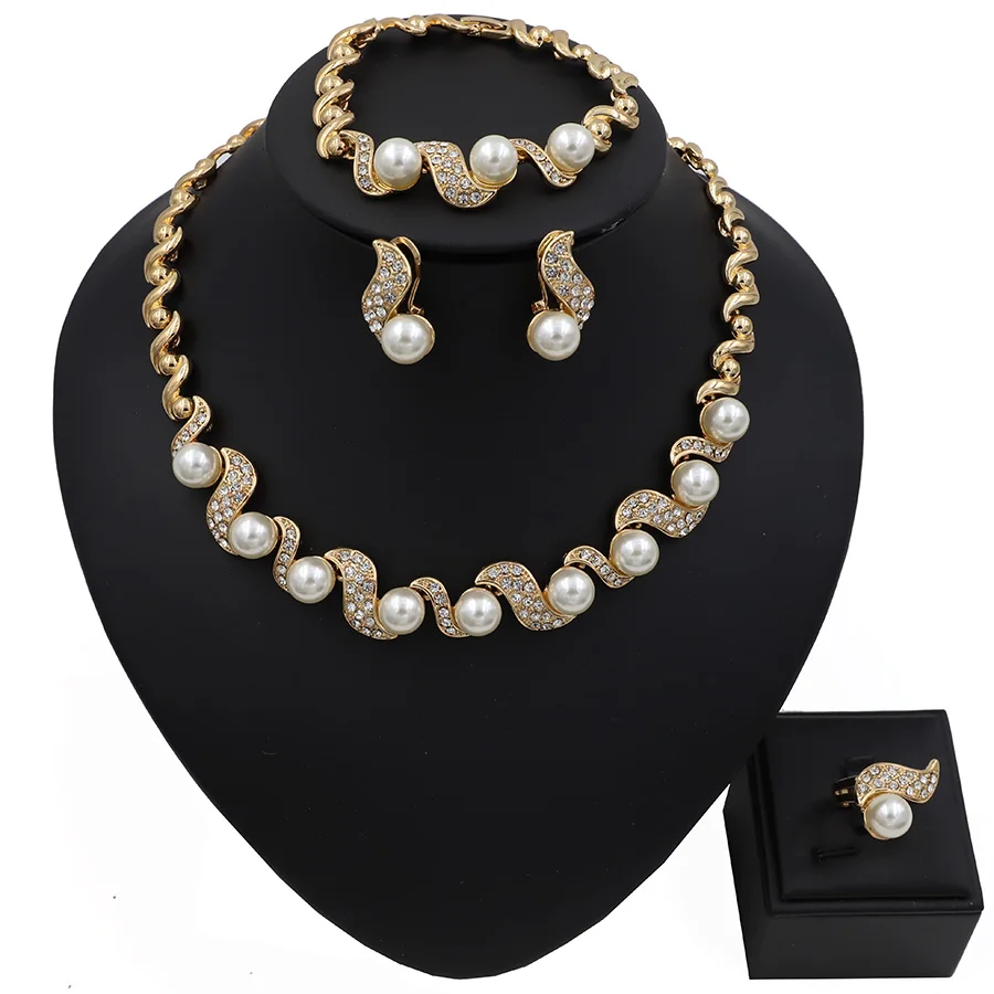 

TSROUND Simulated Pearl Jewelry Set For Women African Bridal Necklace Earring Set