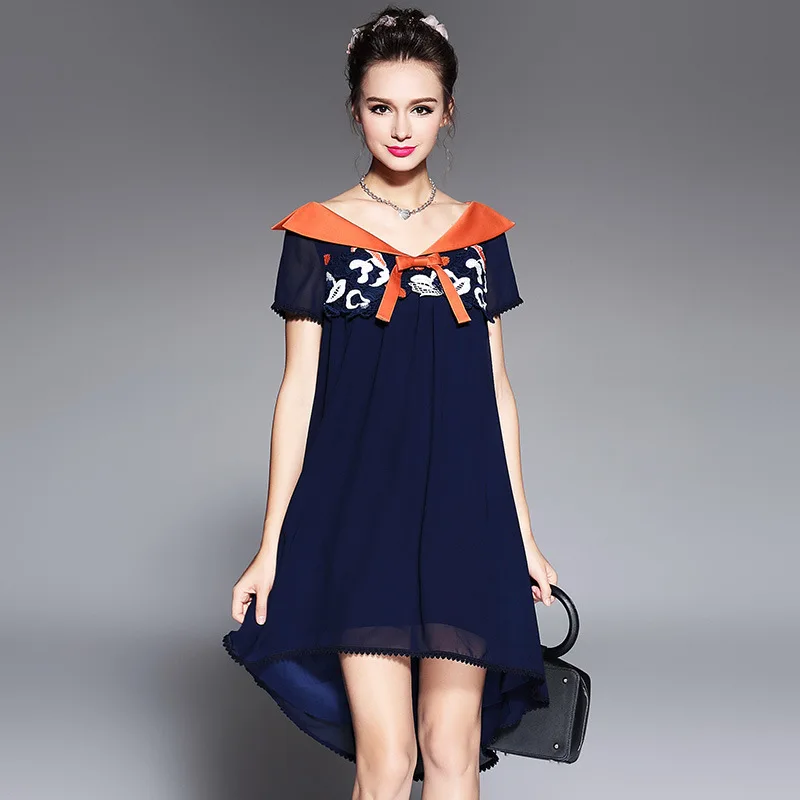 

Preppy Style Bow V-Neck Cute Women Casual Summer Dresses 2018 Designer Runway Lace Patchwork 4XL 5XL Plus Size Elegant Dress