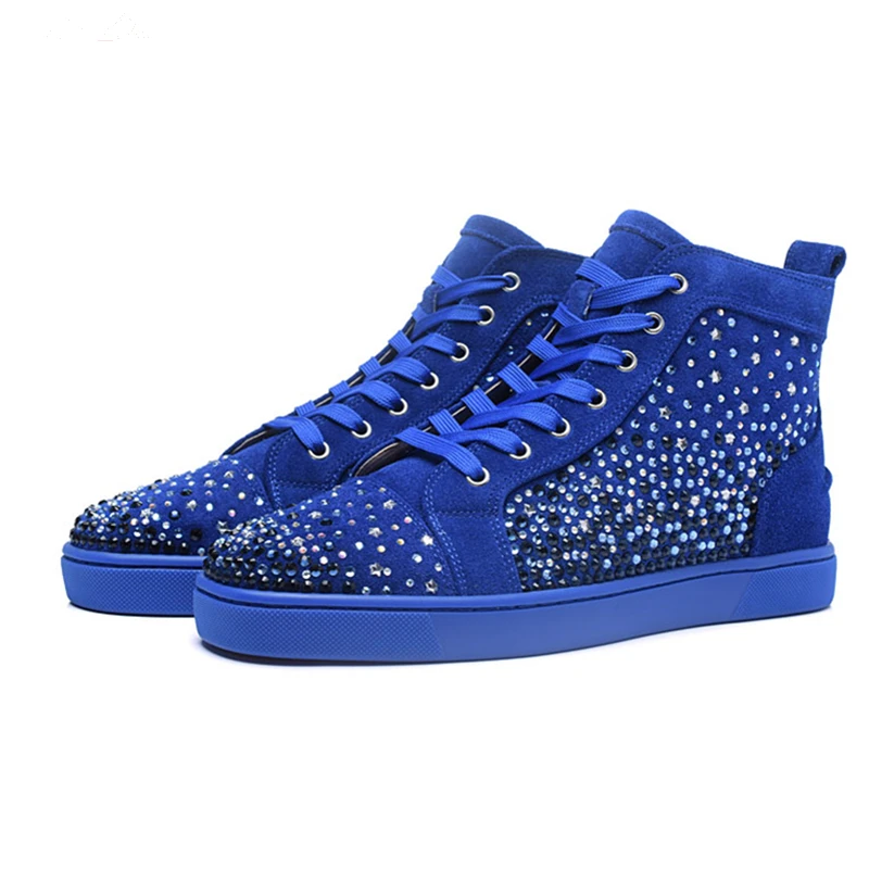 

Luxury Rhinestone Men Sneaker Blue Antislip Bottom Comfortable Flats Summer 2018 Suede Leather Breathable Tennis Gladiator Shoes