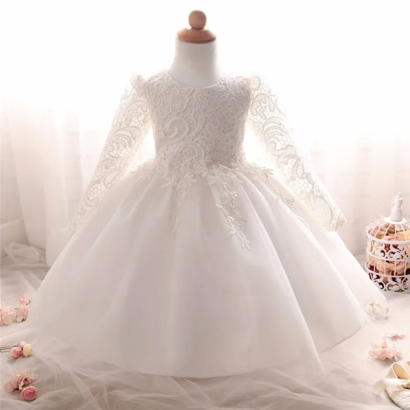 Long Sleeve White Baptism Dresses Baby Girls 1 Year Birthday Wear Toddler Flower Christening Ball Gown Dresses for Girls 12 24M