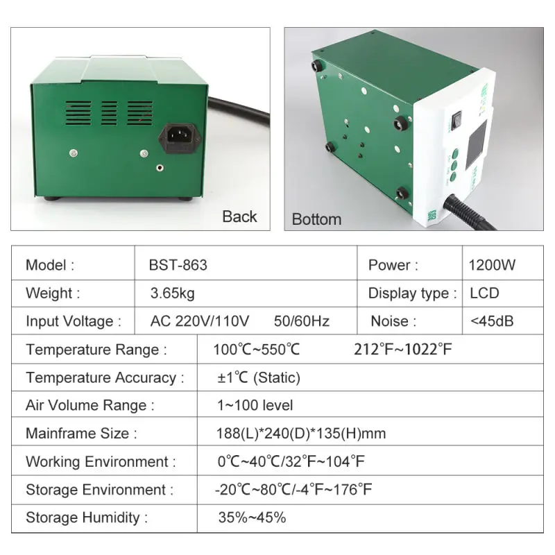 BST 863 Бессвинцовая термостатическая Тепловая пушка паяльная станция горячего воздуха 1200 Вт интеллектуальный цифровой дисплей паяльная станция для ремонта телефона