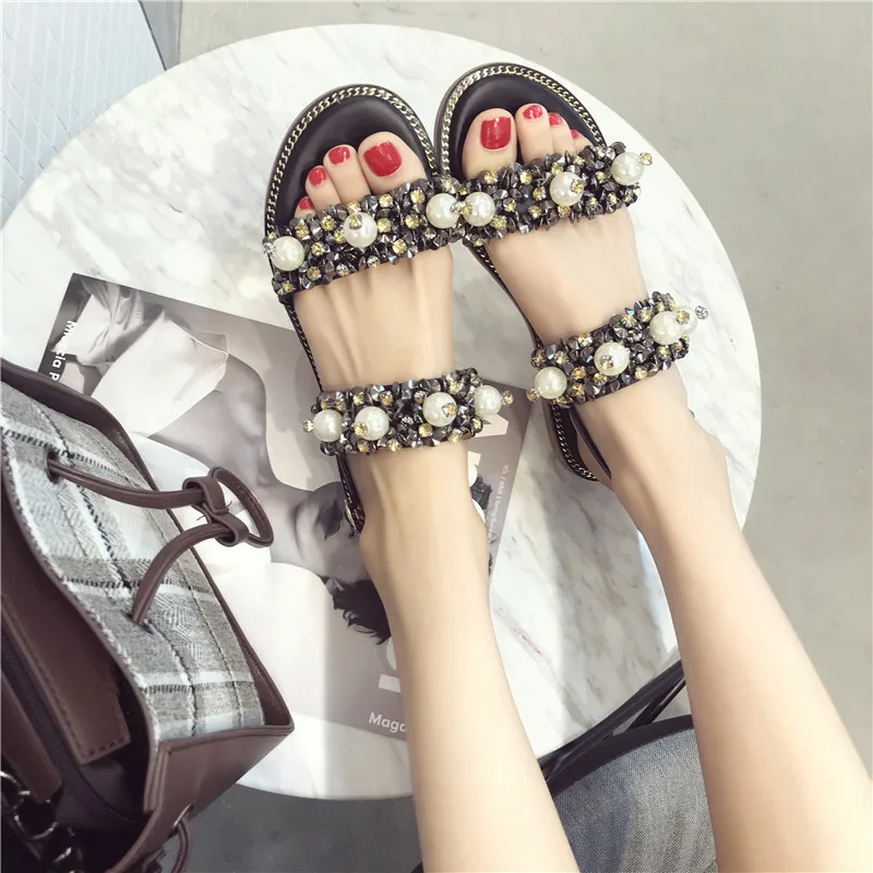 Studded Pearl Flat Sandals Women Luxury Rivet Sandalia Feminina Summer