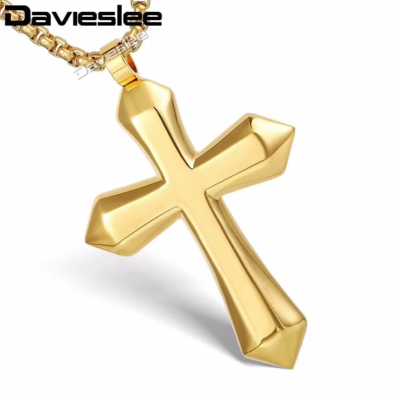 

Davieslee Boys Mens Chain Polished Cross Pendant Necklace Stainless Steel Round Box Link Gold Silver Tone LKPM130