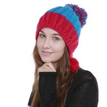 Женская мода Цвет Блокировка шерстяная пряжа зимняя шапочка с вязаными шерстяными шариками