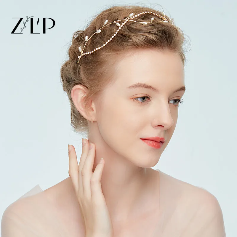 Fashion Crystal Bridal Headbands Cute Pearl Hairband Gold Color Leaf