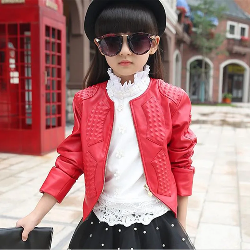 

Spring Autumn Kids Girl Leather Jacket Children's Clothing Cardigan Zipper Red/Black Jacket&Coat Girls Fashion Outwear 4-15Years