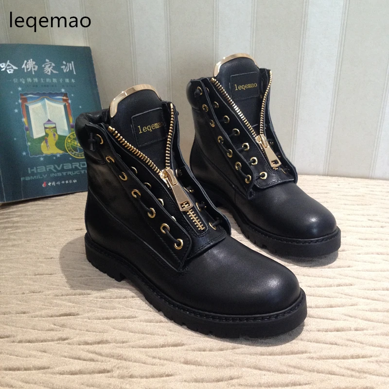 Fashion Cool Women Metal Zipper Ankle Boots High-top Full Grain Cow Genuine Leather Round Toe Rubber Flat Motorcycle Shoes