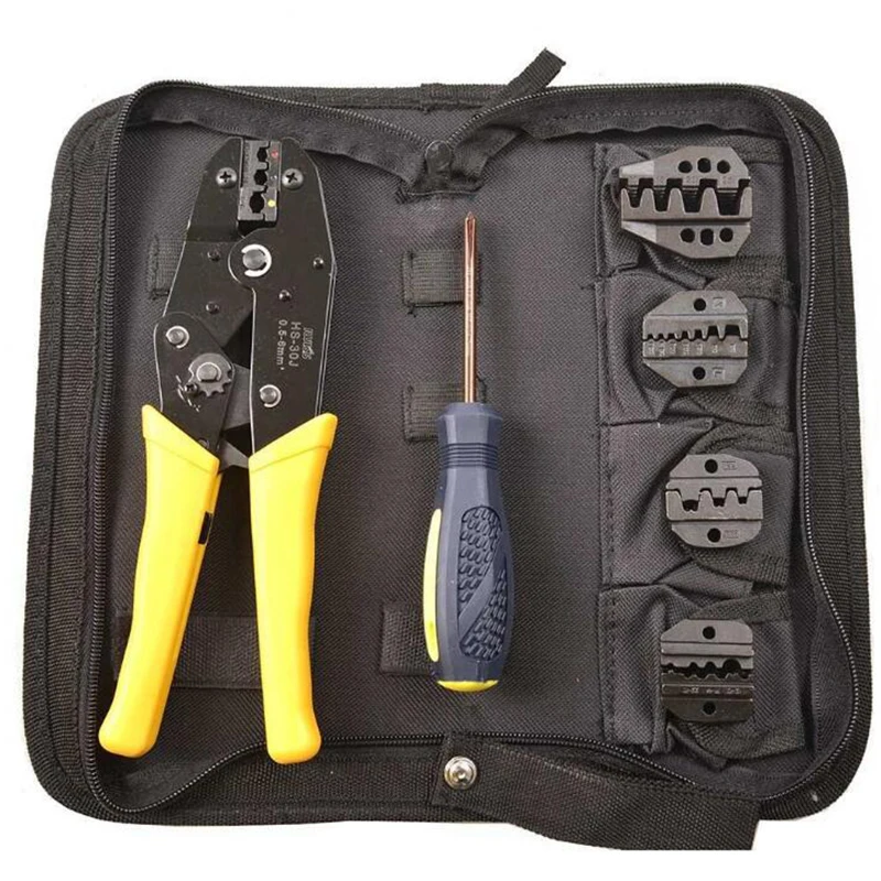 

Crimping tool kit includes multi-function cable cutter 4 pairs of molds
