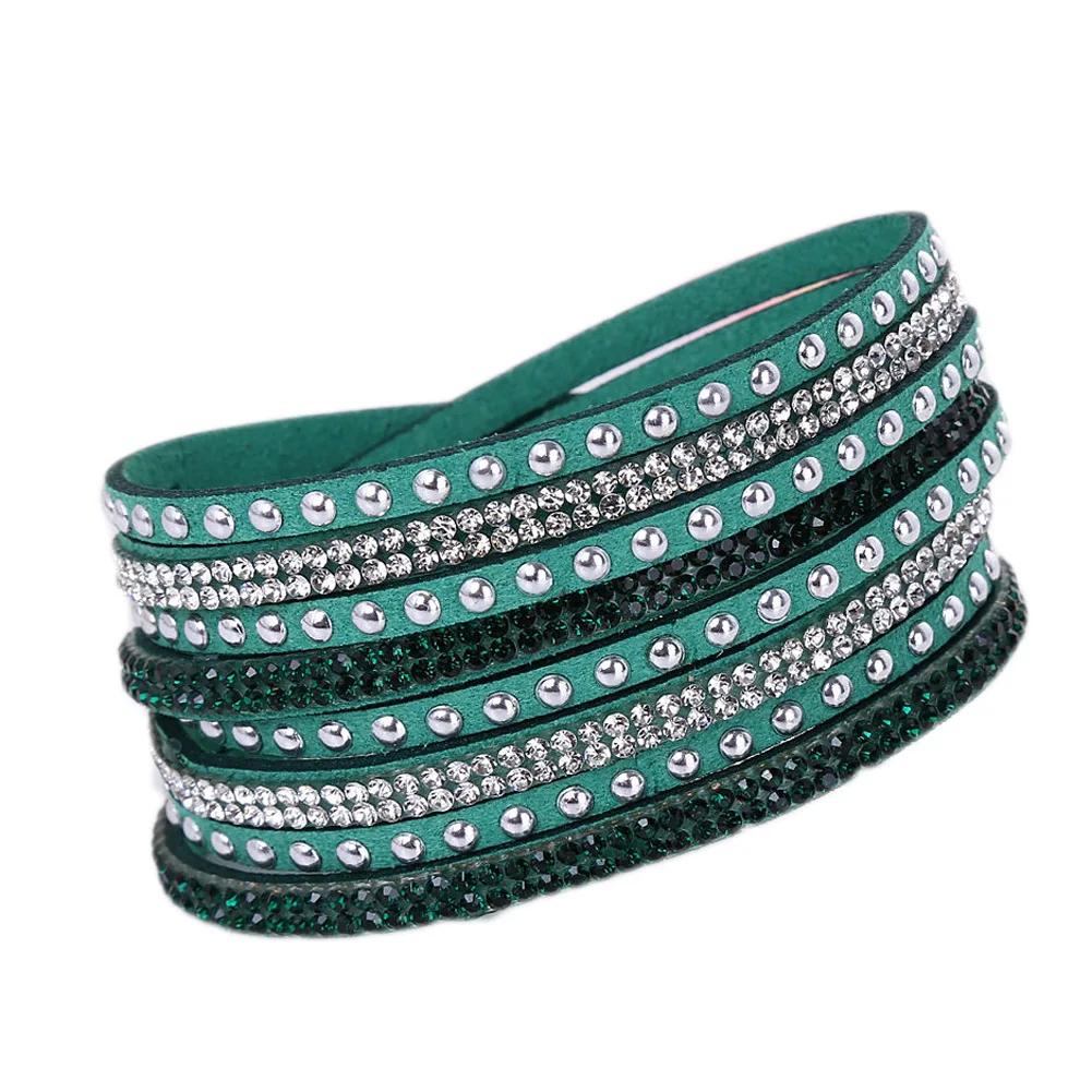 Горячая дрель браслет для девушки/женщины подарок ручной работы Бархатный браслет с bling Стразы обернуть кожаный браслет - Окраска металла: green