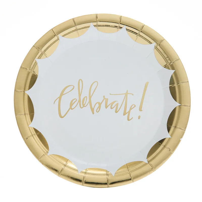 

10pcs/set Gold Blocking Celebrate Disposable Tableware Set Paper Plates Cups Straws Party Wedding Carnival Tableware Supplies