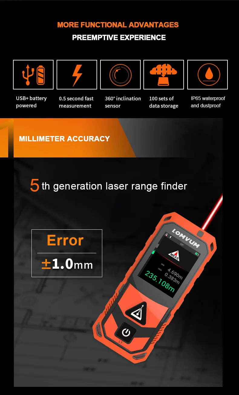 LOMVUM Лазерный дальномер профессиональный многофункциональный цветной дисплей погрешность 1 мм с аккумулятором модели от 40 до 200 метров с юсб зарядкой фабричная сборка