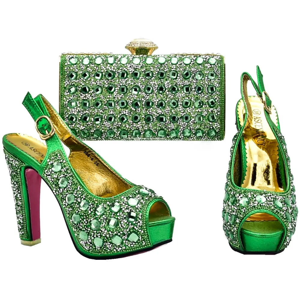 Water green shoes and bag with many big rhinestones shinning shoes and ...