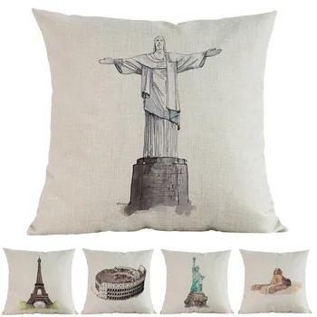 

Water-color Style World Famous Architecture Christ The Redeemer Statue Statue Of Liberty Pillow Case Decorative Cushion Cover