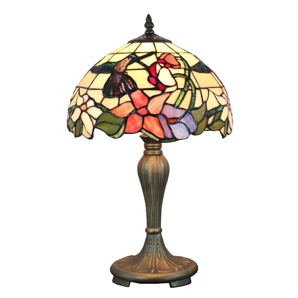 

Stained Glass Bedside Desk Light Hummingbird at Floral Table Lamp Leaded Glass 12 Inches (30m) Shade