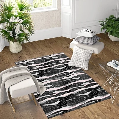 Черный, розовый, волнистые линии, геометрический 3d узор, принт, нескользящая микрофибра, гостиная, декоративный современный моющийся коврик, коврик