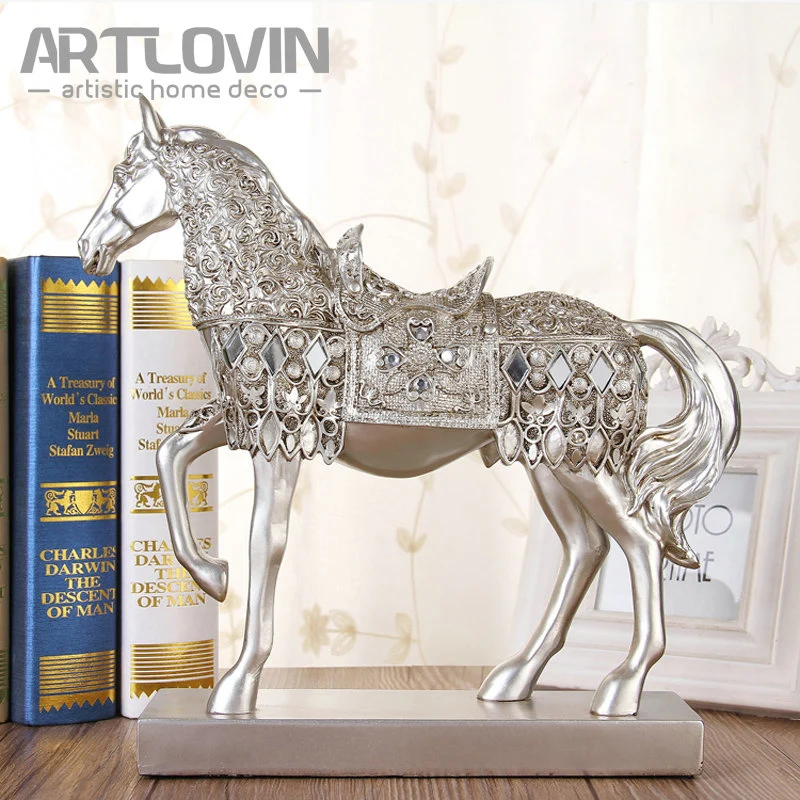 

27 cm Height Luxury Decorative Handmade Vintage Silver and Golden Resin Horse Diamond Figurine ornaments Modern Home Decoration