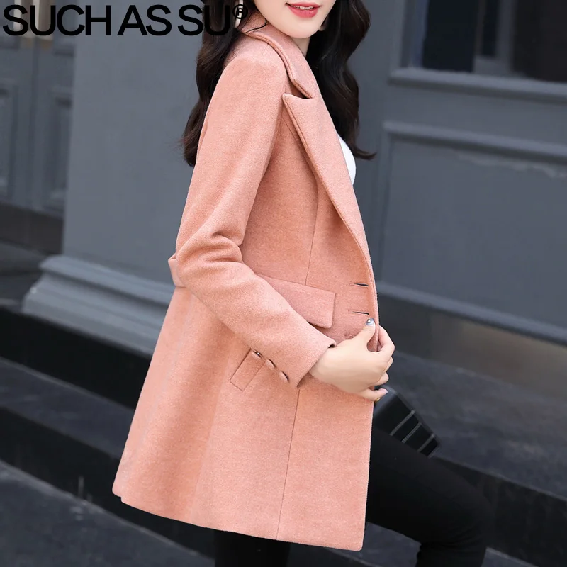 Женская одежда новое зимнее шерстяное пальто 5 однотонное однобортное пальто средней длины с отложным воротником M-3XL размера плюс приталенное Женское пальто - Цвет: Pink Coat