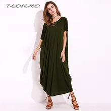 FLORHO Plaine Femmes Maxi Robe 2017 Été Automne Nouveau À Manches Courtes One Off Épaule Plus La Taille Longue Robe Chasuble Baggy Robe Femme
