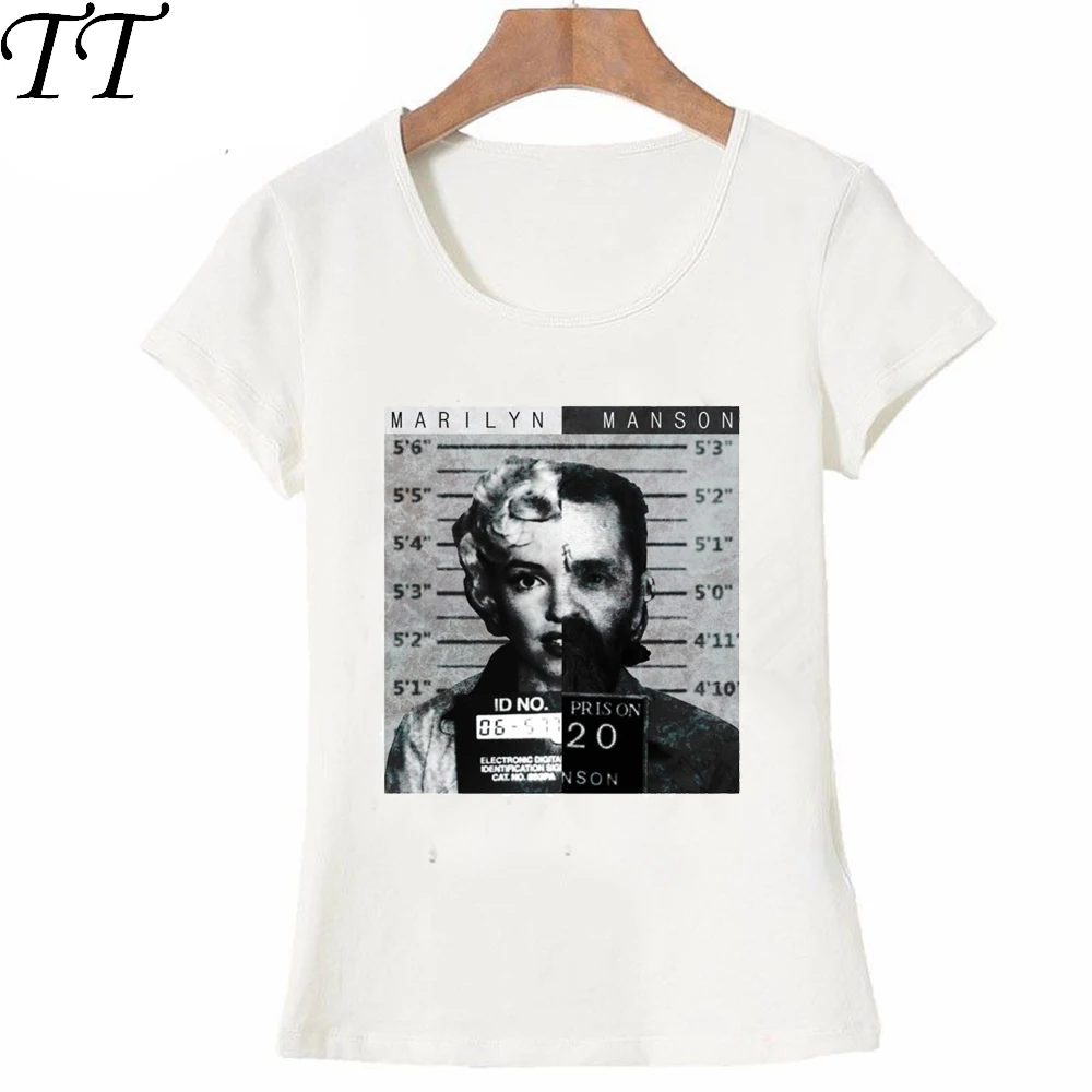 

New summer novelty style Women's short sleeve Marilyn Manson Mugshot T-Shirt fun design lady Tops cute girl Tee