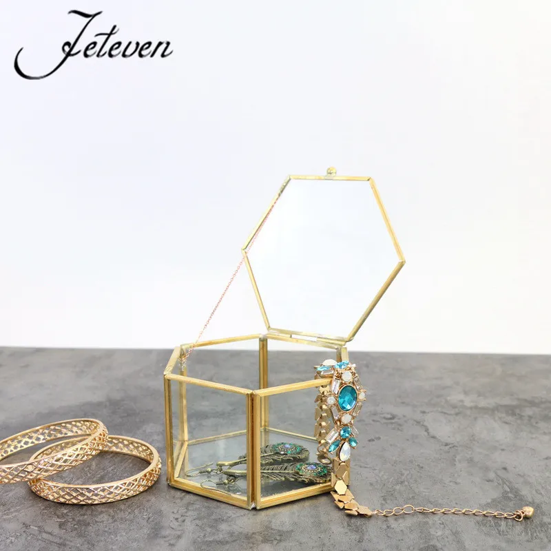 Hexagonal Glass Jewelry Box Vintage Wedding Favors Geometrical Clear