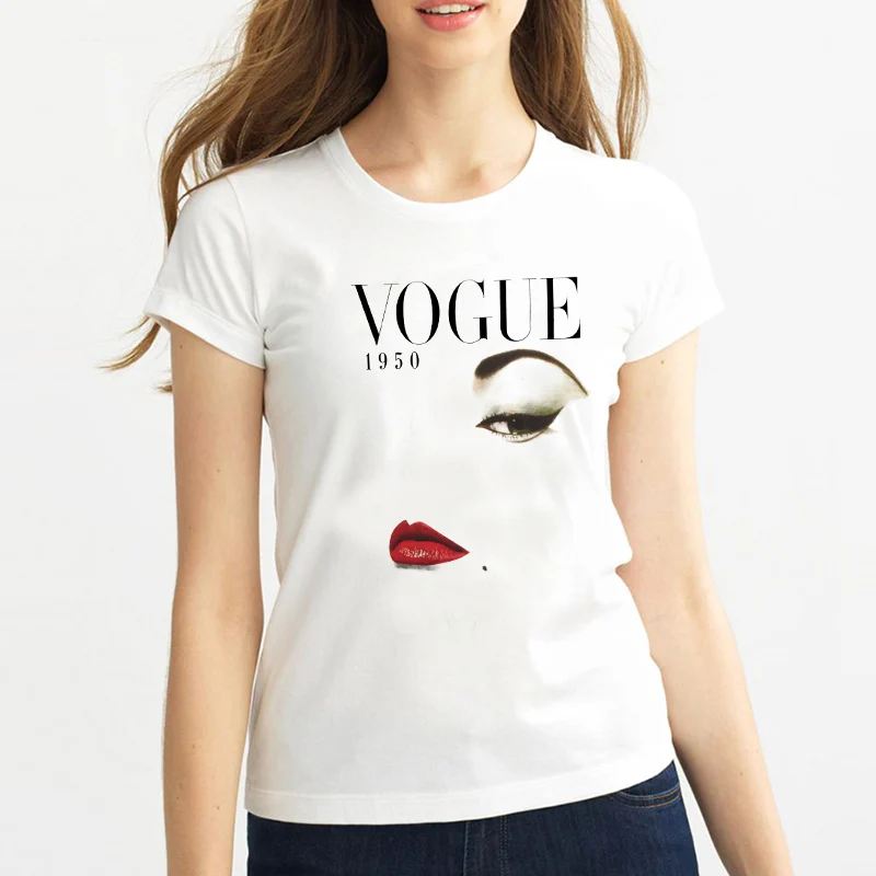 Новинка 2017 летние модные женские короткий рукав Vogue 1950 Губная помада печать