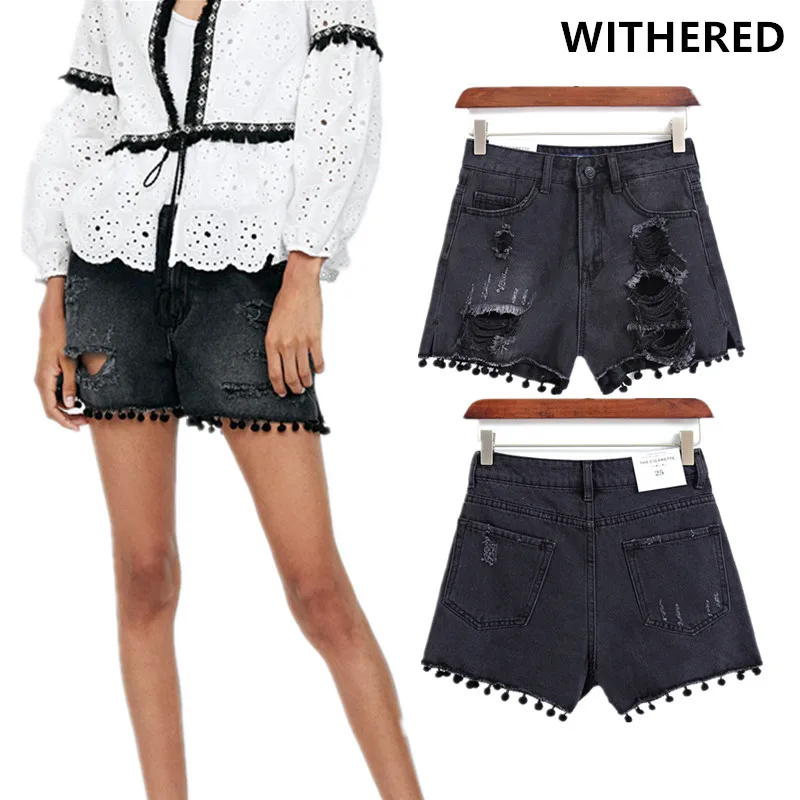 

Withered 2018 summer denim shorts women quality england high street washed hole tassels harem denim mom shorts women plus size