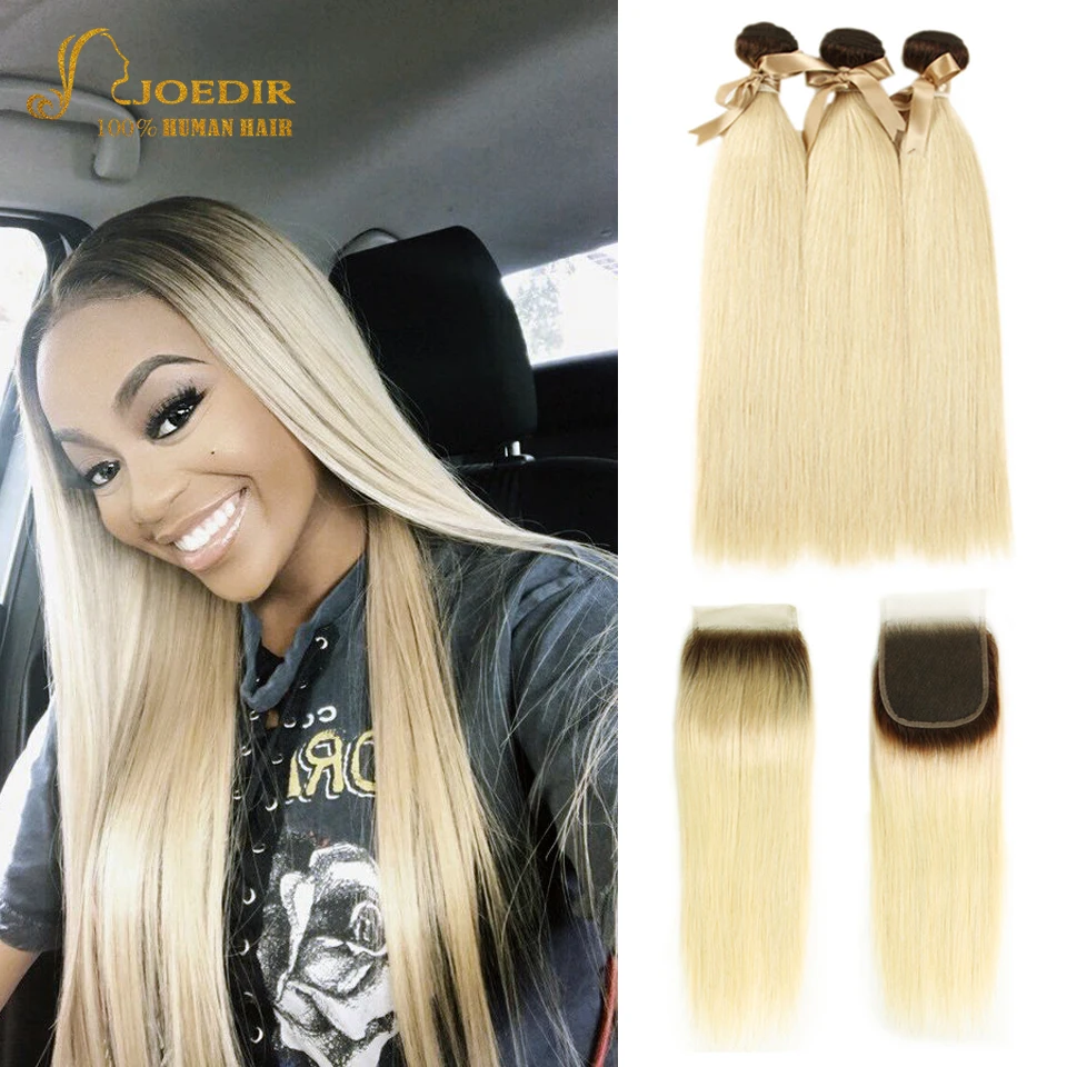 

Joedir Indian Straight Hair Bundles With Closure T4/613 Ombre Honey Blonde Remy Human Hair Bundles With Lace Closure 10-26 Inch