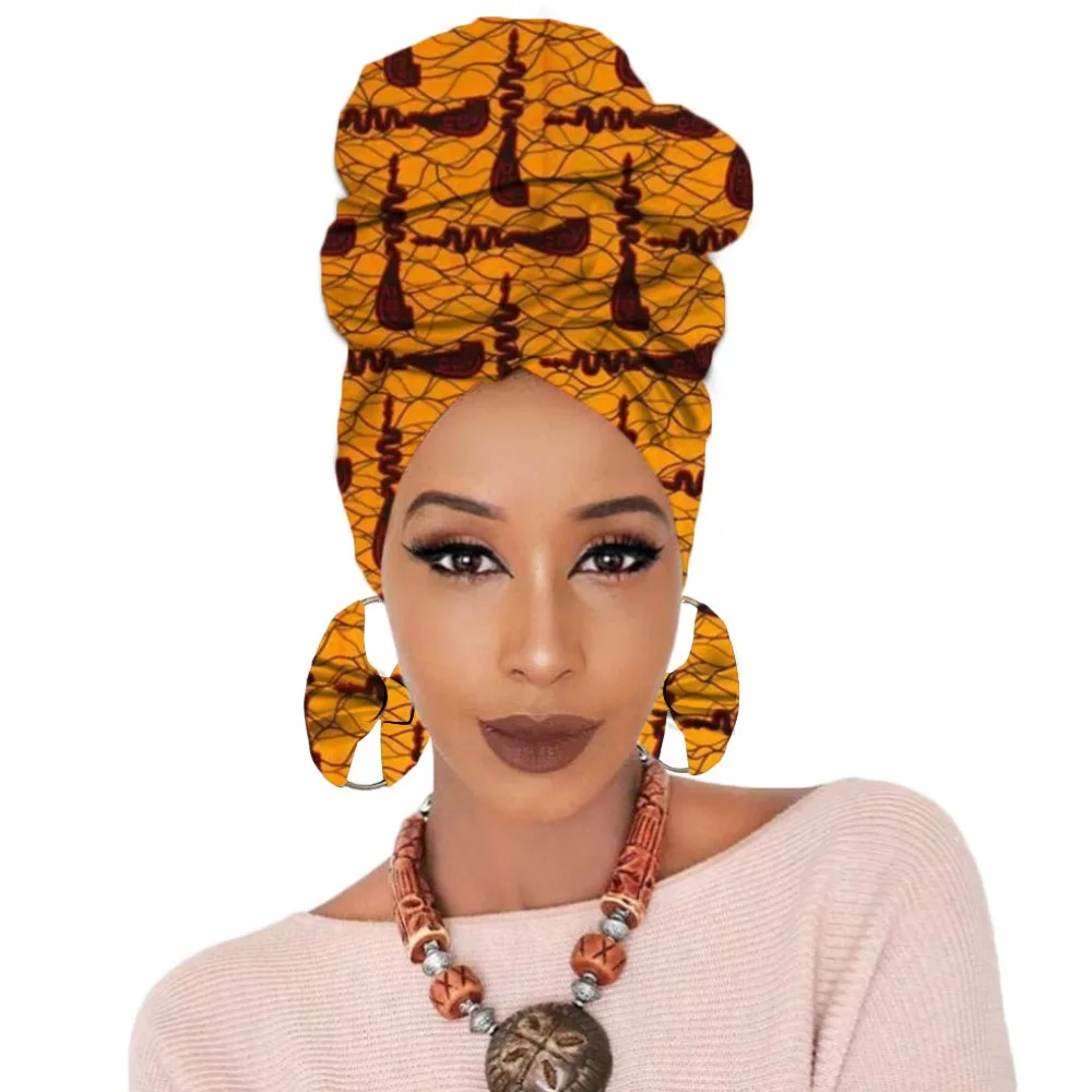 Print turban traditional African headscarf women headtie with earring (13)